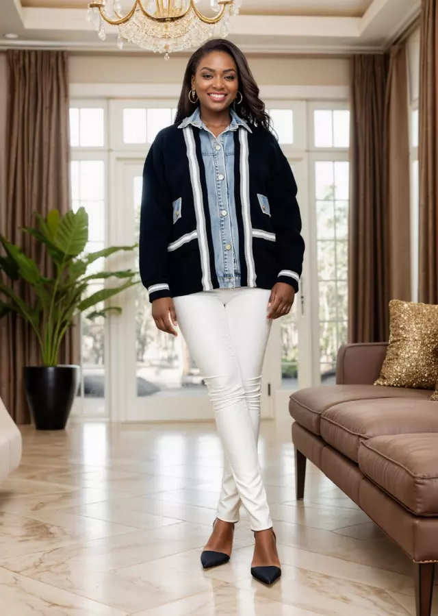 25029 - Women's Big Pockets Button Down Denim Sweater ($30.00 Each) — Black / One Size Fits Most
