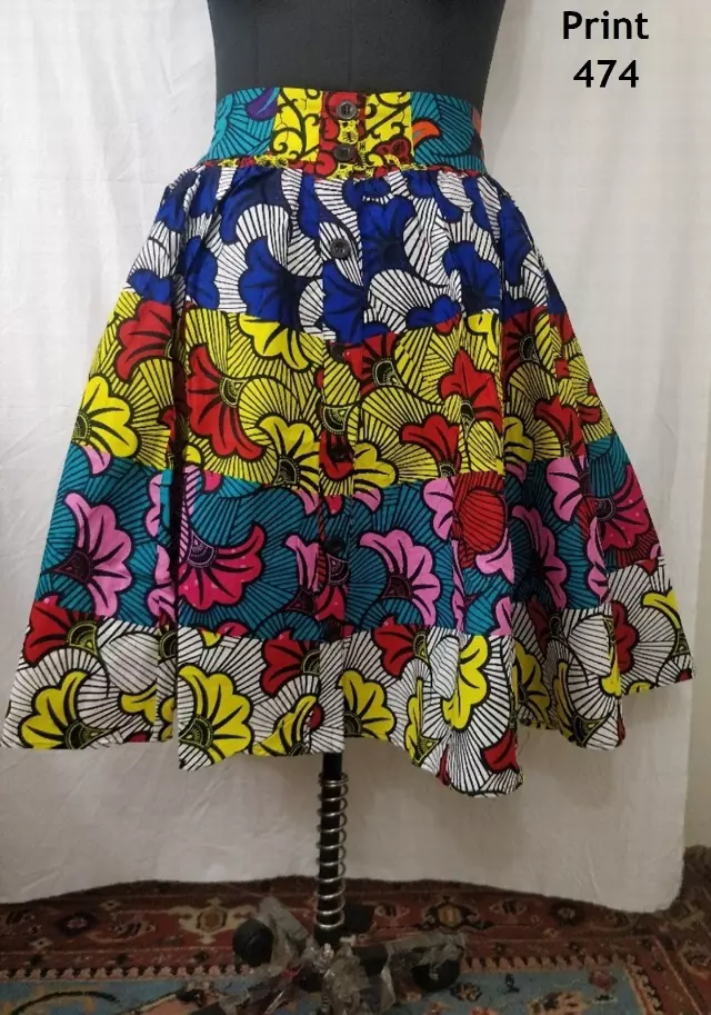 9054 - Button Down 28 inch length Authentic African Skirt (3 PCS PRE-PACK) - $15.00 Each — One Size (4 - 24) / Print-474