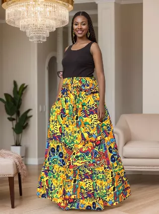 7778 - 3-Tiered African Print Skirt - (3-PCS PRE-PACK) - $20 Each — One Size / Print-590 / 3-Pcs Per Pack