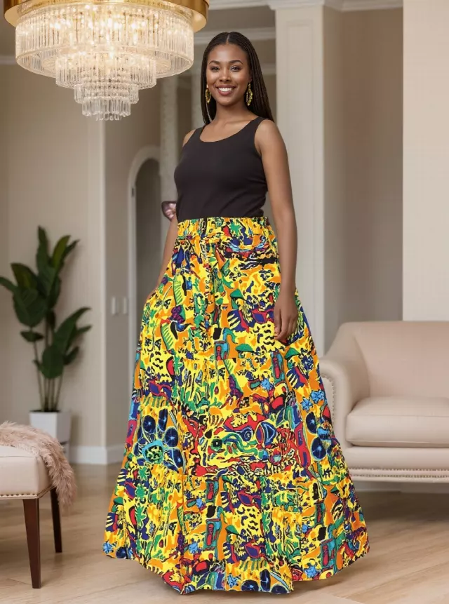 7778 - 3-Tiered African Print Skirt - (3-PCS PRE-PACK) - $20 Each — One Size / Print-590 / 3-Pcs Per Pack