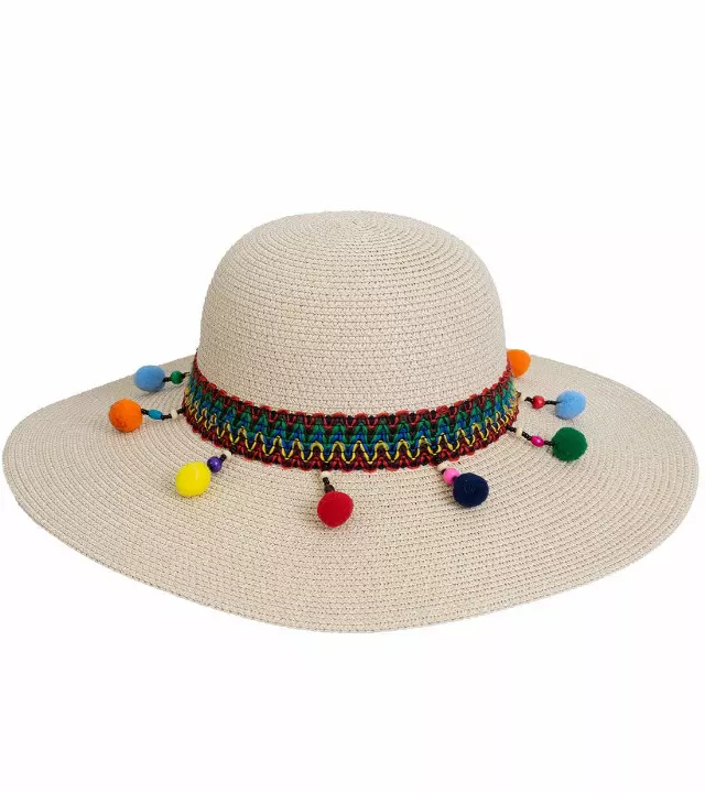 Magid Pom Pom & Tassels Straw Floppy Hat — NATURAL