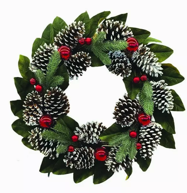 PMX7010-22 – 22″ White Tip Cone Christmas Ball Wreath -“each” Min 2 – Case Pk. 4