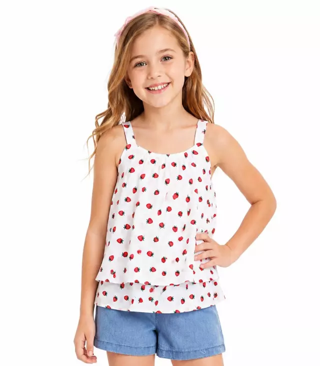 GIRLS PINK Strawberry Print Double Layered Top W Denim Short Set - 2131004