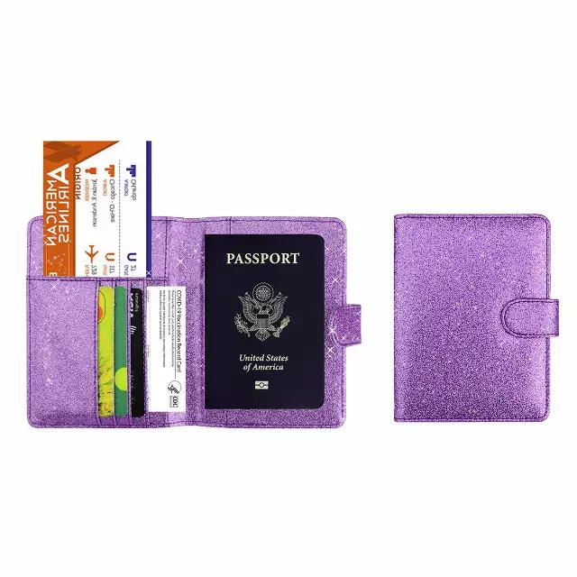 Multi Function Glitter Bling RFID Passport Organizer with CDC Vaccination Card Holder — Purple