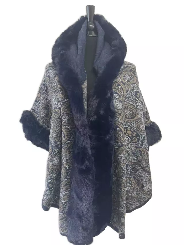 TX528 Faux Fur Paisley Pattern Cape with Hoodie — Navy