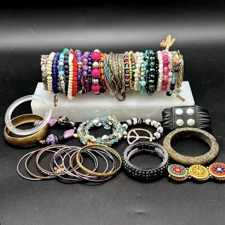 Vintage to Modern Costume Jewelry Bracelet Lot Bangles Beaded Cuffs Boho Mix