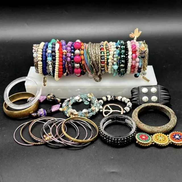 Vintage to Modern Costume Jewelry Bracelet Lot Bangles Beaded Cuffs Boho Mix
