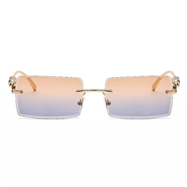 Luxury Rimless Rectangle Sunglasses with Decorative Gold Temples J11031