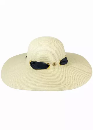 Adrienne Vittadini Straw Grommet Ribbon Large Brim Floppy Hat — NATURAL