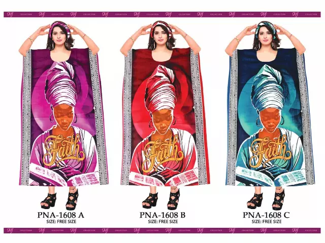 PNA-1608 Women's Colorful Print Long Kaftan Dress with Headwrap- One Size (6-PCS PRE-PACK) - $7 Each — One Size (4-24) / PRINT-C