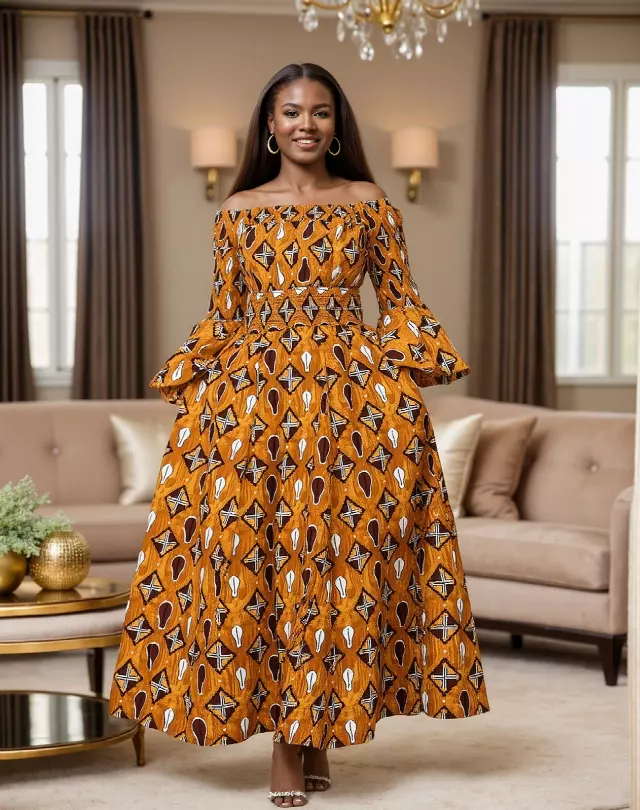 7556 -NEW PRINTS ALERT!!!! Off Shoulder Maxi Dress in Ankara Prints - $25.00 Each (3 pcs per pack) — Free Size / Print-683