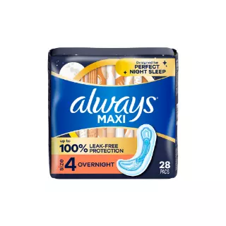 Always Maxi Overnight Pads without Wings, Size 4, Unscented – 28ct Pack of 6