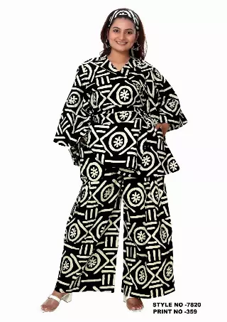 7820 - 2 Pcs Long Sleeves V-Neck Top & & Bottom Set - $30.00 Each (3 pcs per pack) — Free Size / Print-359