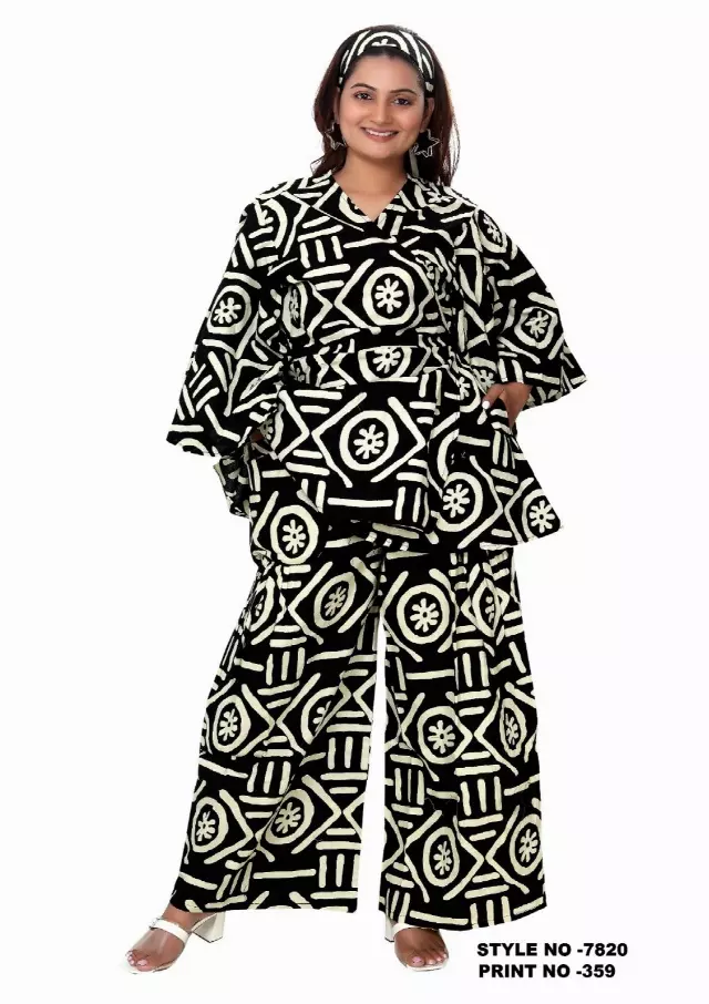 7820 - 2 Pcs Long Sleeves V-Neck Top & & Bottom Set - $30.00 Each (3 pcs per pack) — Free Size / Print-359