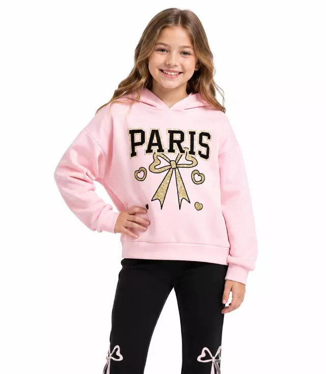 Girls Pink Paris Screen Hoodie With Flared Pants and Bows Screen On Both Legs – 8677604