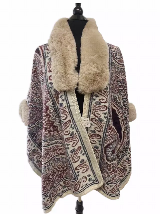 TX502 Faux Fur Paisley Pattern Cape — Beige