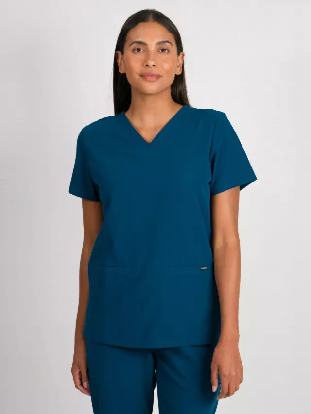 Sofia | Slim 3 Pocket Scrubs Top — Caribbean Blue / XL