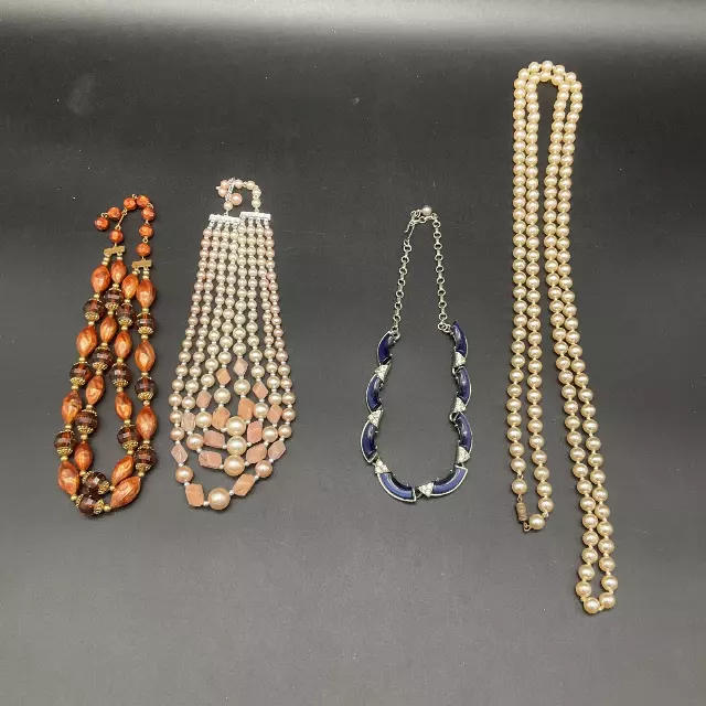 Vintage Costume Jewelry Necklace Lot 4 Faux Pearl Rhinestone Beaded 16"-32"