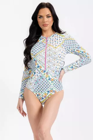 H3110 Long Sleeve Boho Tile Surfsuit Zip Rash Guard — White / L