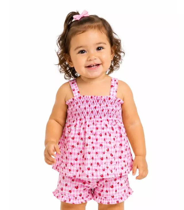GIRLS PINK Strawberry Plaid Print Smocked Top With Ruffle Woven Short Set- 2844601