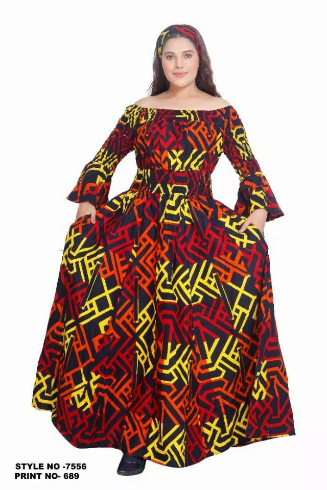 7556 -NEW PRINTS ALERT!!!! Off Shoulder Maxi Dress in Ankara Prints - $25.00 Each (3 pcs per pack) — Free Size / Print-689