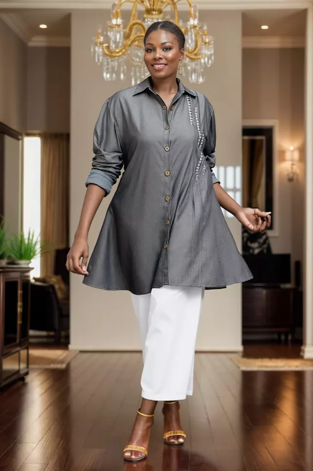 26009 - Elegant Rhinestones Button Down Shirt & Pant Set (2-Pcs Set) - $25 Each (3-Pcs Pre Pack) — Black / (M-L-1X) 3-Pcs