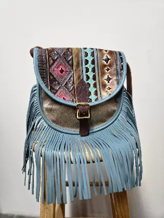 1138 moon bag — Blue leather fringed crossbody with tooled flap