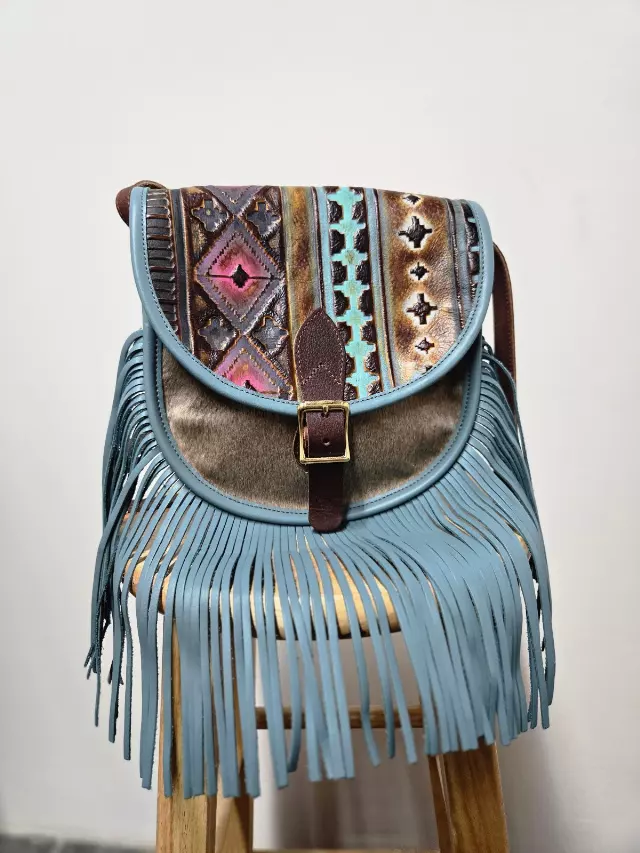 1138 moon bag — Blue leather fringed crossbody with tooled flap