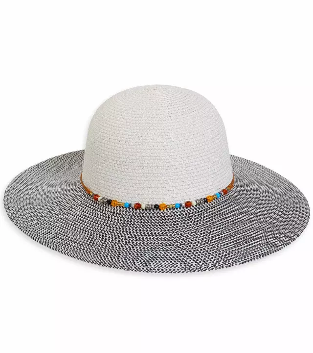 Magid Beaded Crown Two Tone Straw Floppy Hat — WHITE