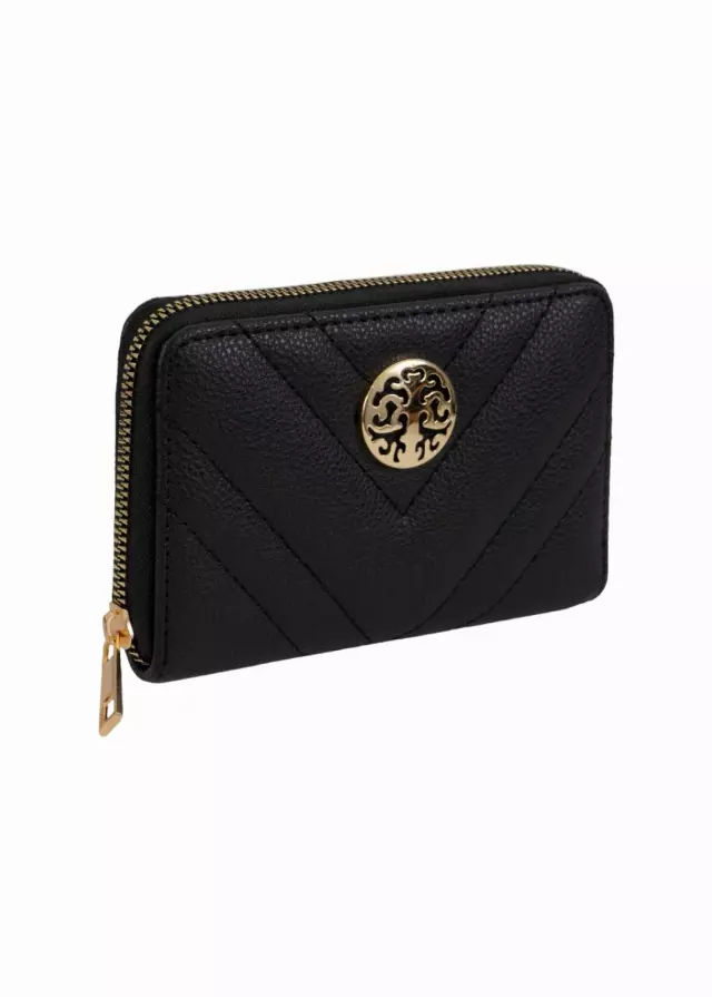 Rebecca & Rifka Quilted Pebble Chevron Medallion Zip Indexer Wallet — BK/GD