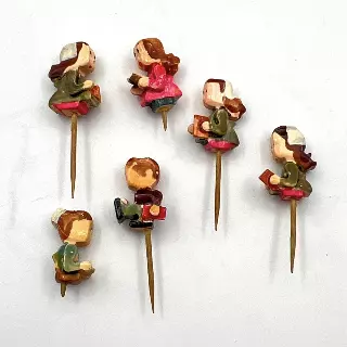 Vintage Japanese Hand Painted Carved Wood Candle Holder Picks Lot 6 pieces