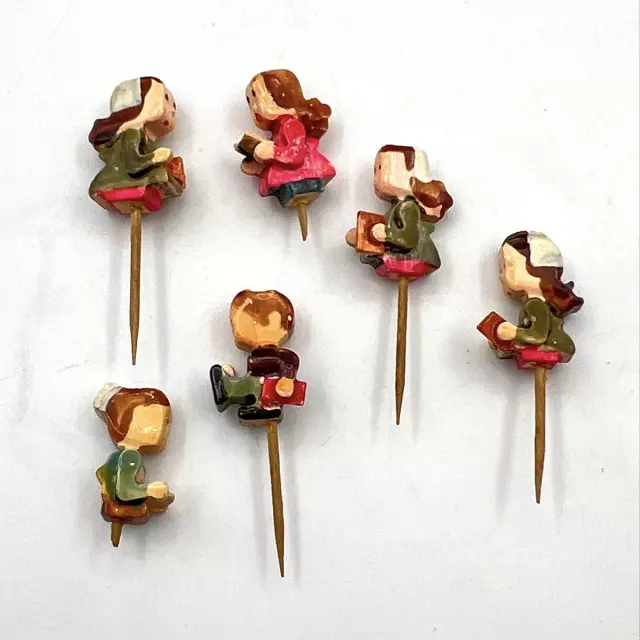 Vintage Japanese Hand Painted Carved Wood Candle Holder Picks Lot 6 pieces
