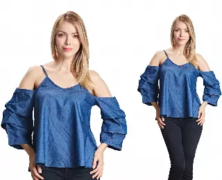 17063- 100% Cotton Cold-Shoulder Spaghetti Strap Denim Top (6-PCS PRE-PACK)