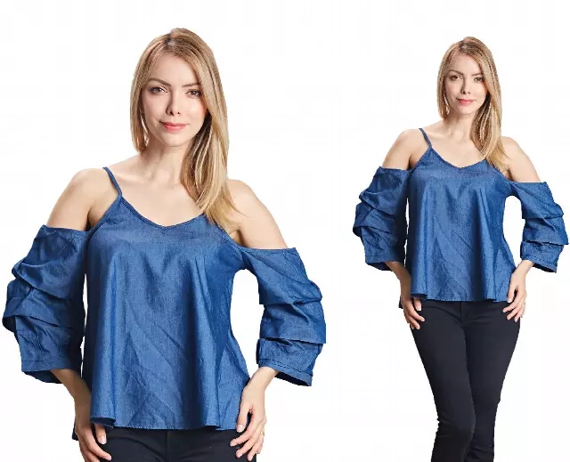 17063- 100% Cotton Cold-Shoulder Spaghetti Strap Denim Top (6-PCS PRE-PACK)