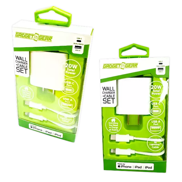 AC Wall Charger Dual USB / USB-C Ports with USB-C to Lightning Charging Cable 20 Watts - 3 Pieces Per Set 24612