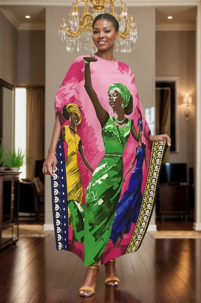 PNA-1636 - Women's Comfy Kaftan Dress with Headwrap- One Size (6-PCS PRE-PACK) - $7 Each — One Size (4-24) / Print-1636B