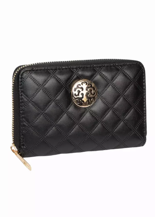 Rebecca & Rifka Smooth Diamond Quilt Medallion Zip Indexer Wallet — BK/GD