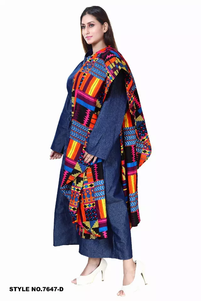7647D Authentic African Print Capelet and Denim Belted Dress (3 PCS PRE-PACK) - $25 EACH) — One Size (4-24) / Print-550