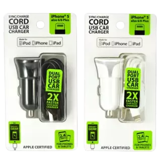 Car Charger with USB to Lightning Charging Cable Set 2.4 Amp - 2 Pieces Per Pack 21098