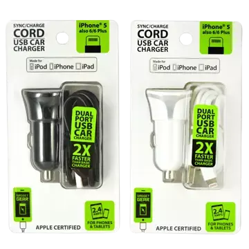 Car Charger with USB to Lightning Charging Cable Set 2.4 Amp - 2 Pieces Per Pack 21098