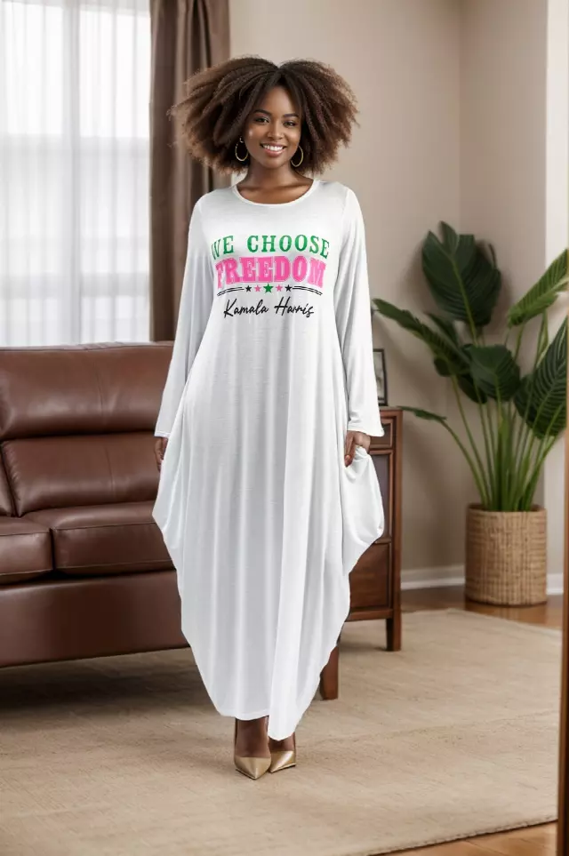 24034 - CLOSE OUT!!Women's "Kamala Harris" Maxi Balloon Dress - We Choose Freedom (5 Colors) - One Size ($5 Each) — 3-Pcs PRE-PACK / White
