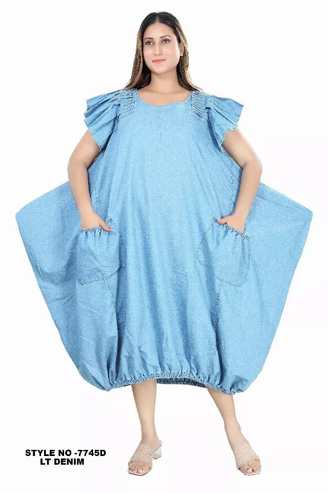 7745- Denim Dress with Pleated Sleeve - $25.00 Each — Free Size / Print - Light Denim