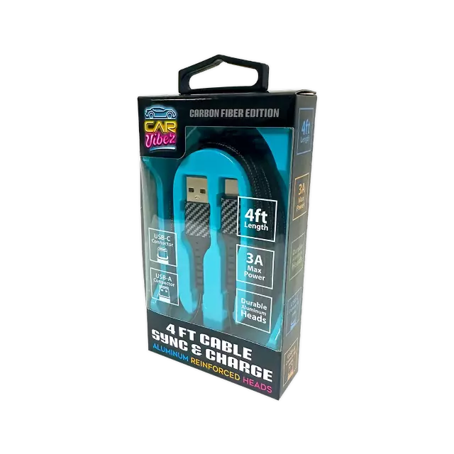 Charging Cable Carbon Fiber USB to USB-C 4FT 3 Amp - 3 Pieces Per Pack 24575