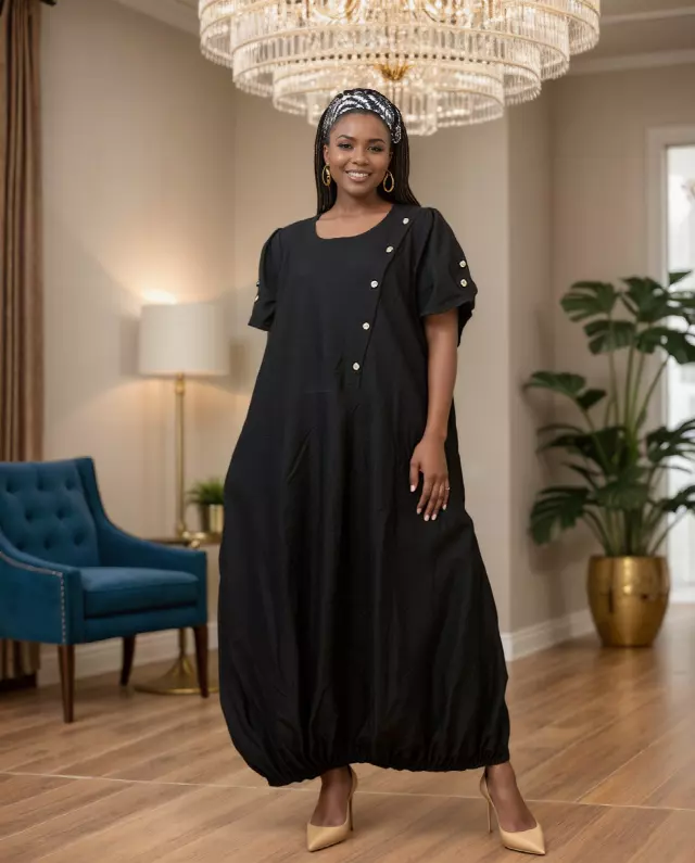 7883 L -Ankle Length Baggy Solid Maxi Dress - $25.00 Each (3 pcs per pack) — Free Size / Black
