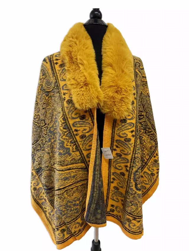 TX502 Faux Fur Paisley Pattern Cape — Yellow