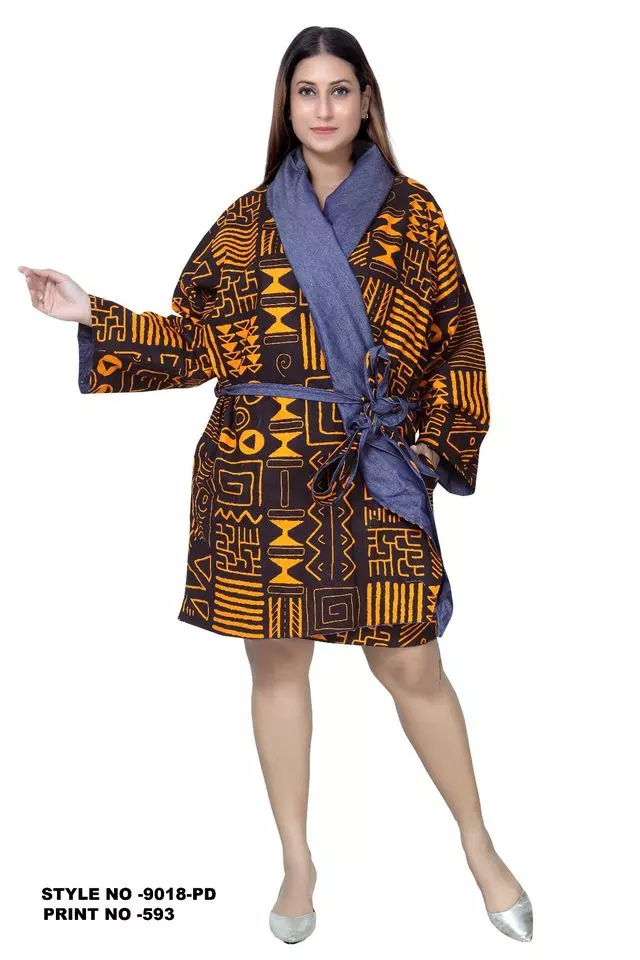 9018PD - Denim /Ankara Print Jacket w Belt - One Size (3pcs PRE-PACK) ($35 Each) — One Size / Print-593