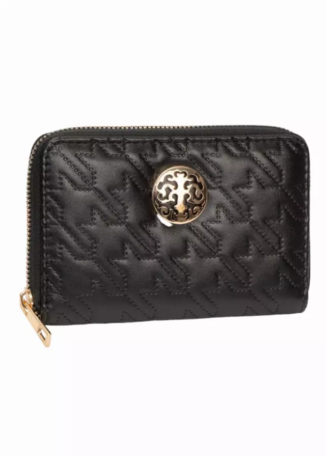 Rebecca & Rifka Smooth Houndstooth Quilt Medallion Zip Indexer Wallet — BK/GD