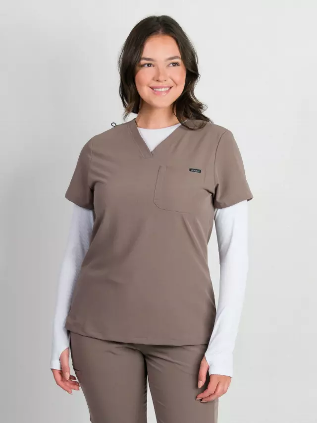 Camilla | Slim 1 Pocket Scrubs Top — Taupe / 2XL