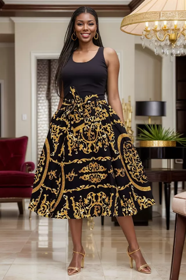 7012 - NEW PRINTS!! African Print Mid Length Skirt 28" (3/pk_ Free Size - $18.00 Each — One Size / Print-455