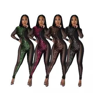Chicaluv - Women's Glitter Mesh Jumpsuit – Shiny Sequin Bodycon Long Sleeve Club Outfit XV946